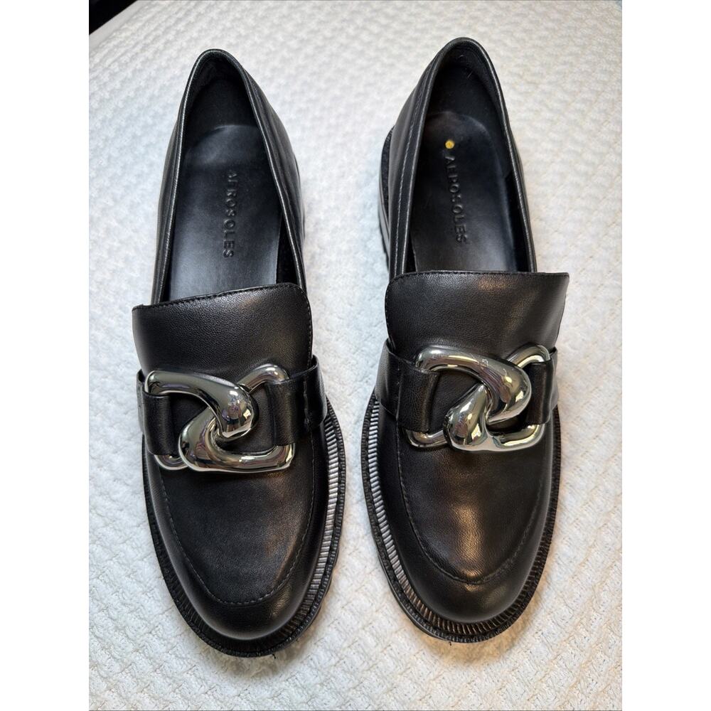 Aerosoles Lilia Black Leather Chunky Lug Sole Loafers Textured Buckle sz 7.5